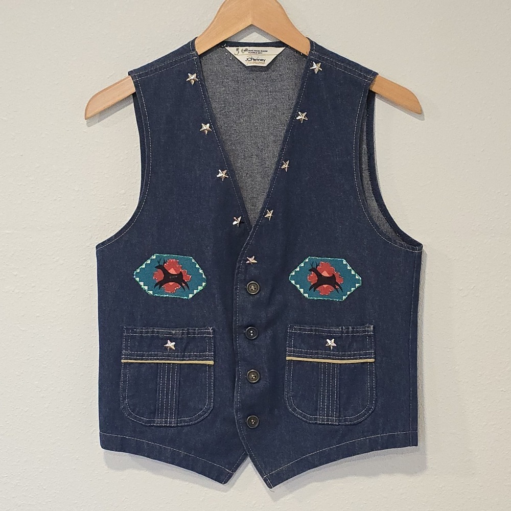 Vintage JC Penney Denim Vest Men's‎ Small Handmade Native Style Embroidery USA